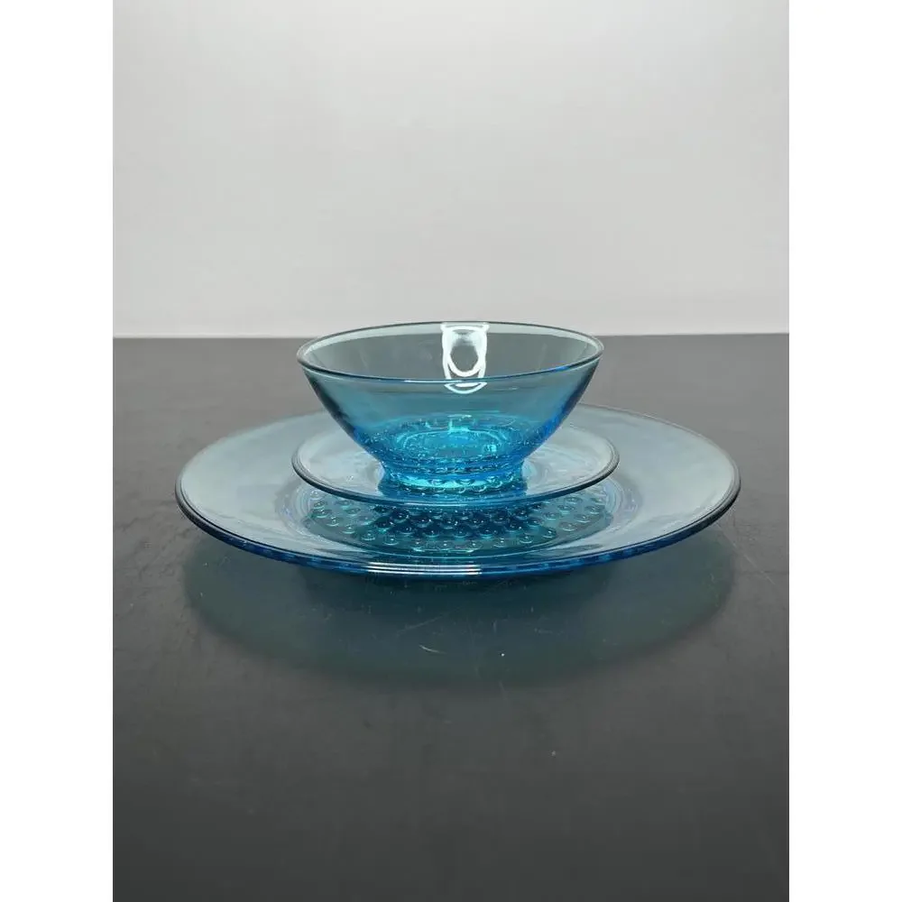 Vintage‎ Aqua Glass Dinnerware, Hazel Atlas Capri Hobnail, 3 Piece set